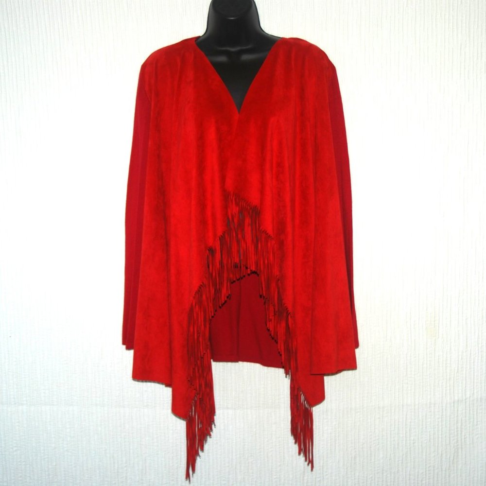 INC Long Sleeve Fringe Faux Suede Knit Sweater Jacket Size 1X